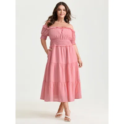Bloomchic Women's Plus Size Shirred Waist Off-shoulder Tiered Maxi Dress Mistyrose Maxi Elegant Smocked 18-20/