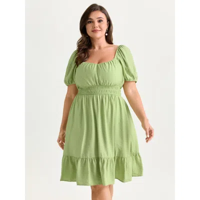 Bloomchic Women's Plus Size Shirred Waist Puff Sleeve Mini Dress Lightgreen Solid Midi Elegant 28/5x
