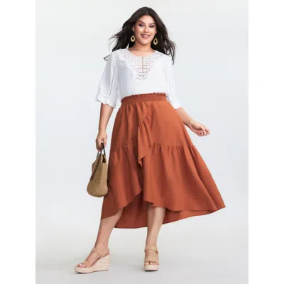 Bloomchic Women's Plus Size Shirred Waist Ruffled High Low Hem Midi Skirt Rust Shirred Tapered Fit Vacation 22 In Brown