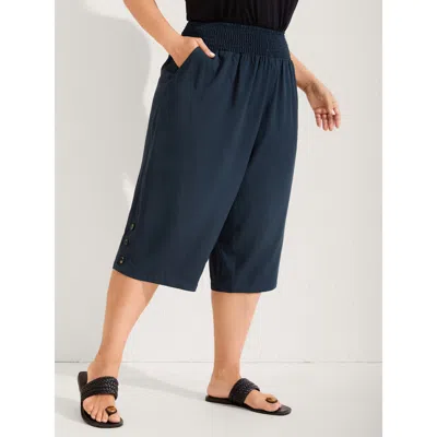 Bloomchic Women's Plus Size Shirred Waist Solid Straight-leg Pants Midnight Non Straight Fit Mid Rise Vacation In Blue