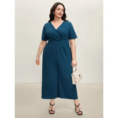 Bloomchic Women's Plus Size Shirred Waist Surplice Wide-leg Jumpsuit Aegean Office 30/6x In Blue