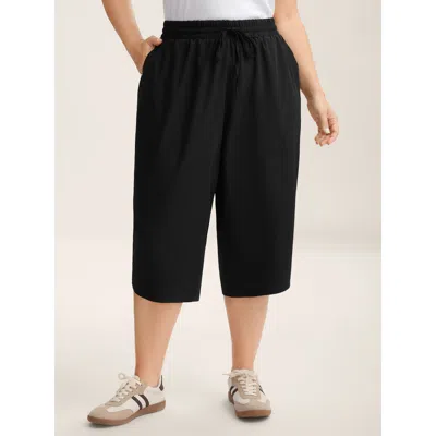 Bloomchic Women's Plus Size Shirred Waist Tie Straight-leg Crop Pants Black Non Straight Fit Mid Rise Casual 1