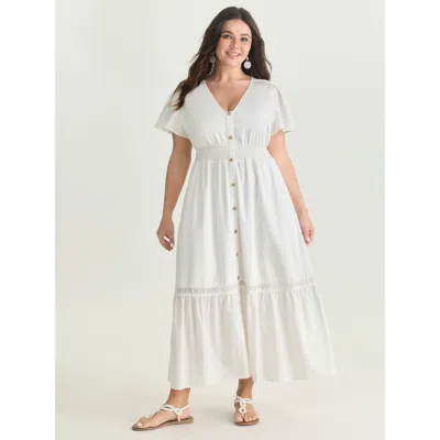 Bloomchic Women's Plus Size Shirred Waist Tiered V-neck Maxi Dress Originalwhite Solid Maxi Vacation Lace Trim