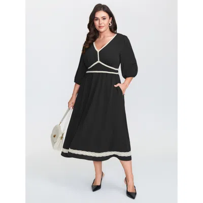 Bloomchic Women's Plus Size Shirred Waist V-neck Contrast Midi Dress Black Non Midi Elegant Woven Ribbon&lace 