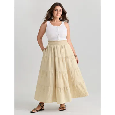 Bloomchic Women's Plus Size Shirred Wide Waistband Tiered Maxi Skirt Apricot Smocked Non Vacation 10/m In Orange