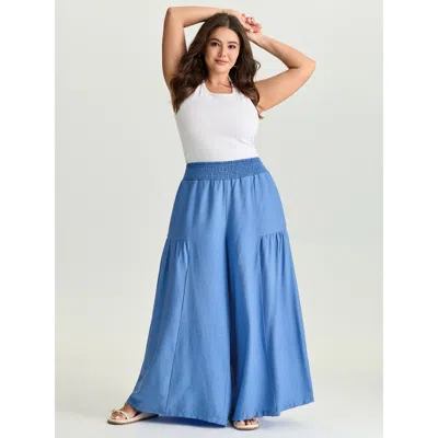 Bloomchic Women's Plus Size Shirred Wide Waistband Tiered Pants Skyblue Solid Wide Leg High Rise Vacation 10/m In Blue