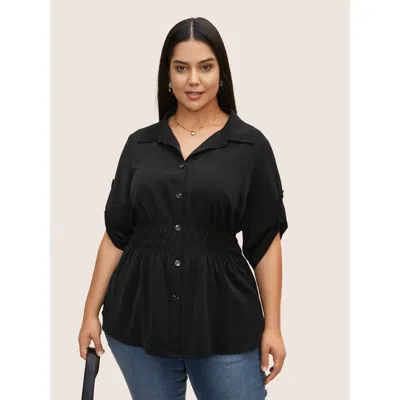 Bloomchic Women's Plus Size Shirt Collar Button Cuff Sleeve Blouse Black Solid Office 3/4 Sleeve Collared Neck