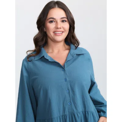 Bloomchic Women's Plus Size Shirt Collar Button Side Pockets Midi Dress Mediumblue Non Short Casual Gathered 1