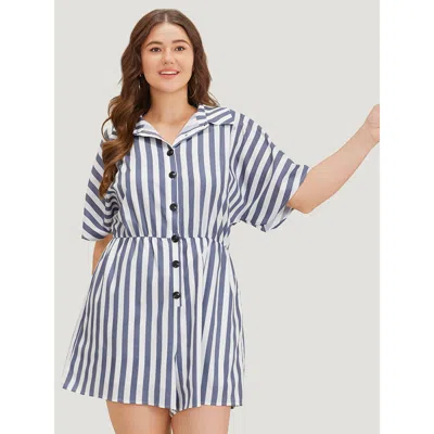 Bloomchic Women's Plus Size Shirt Collar Button Up Pocket Elastic Waist Romper Indigo Striped Dailywear No Str In Purple