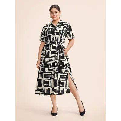 Bloomchic Women's Plus Size Shirt Collar Colorblock Contrast Midi Dress Black Geometric Midi Office Belted 10/