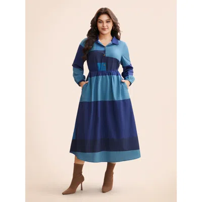 Bloomchic Women's Plus Size Shirt Collar Colorblock Contrast Midi Dress Darkblue Geometric Midi Everyday Color In Blue