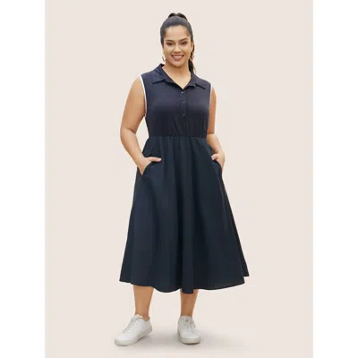 Bloomchic Women's Plus Size Shirt Collar Contrast Trim Button Up Dress Navy Non Midi Everyday Colorblock 30/6x In Blue