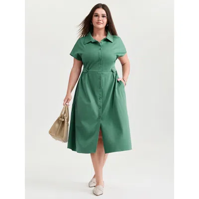 Bloomchic Women's Plus Size Shirt Collar Decorative Waistline Midi Dress Emerald Non Midi Office Button 12/l In Green