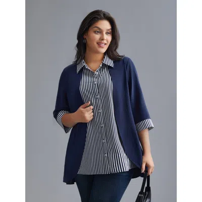 Bloomchic Women's Plus Size Shirt Collar Patchwork Striped Blouse Indigo Stripes Office Extra Long Sleeve 10/m In Purple