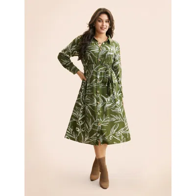 Bloomchic Women's Plus Size Shirt Collar Plants Print Belted Dress Olive Floral Midi Office 22-24/3x In Green