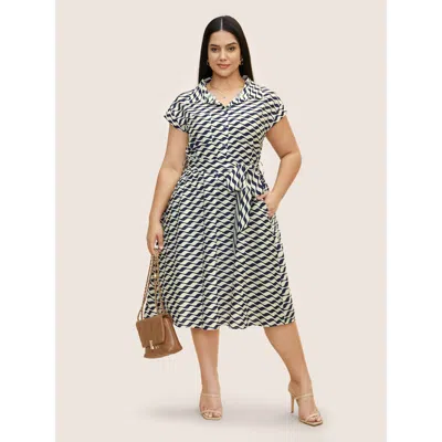 Bloomchic Women's Plus Size Shirt Collar Striped Belted Midi Dress Navy Stripes Midi Office Belted 28/5x In Blue