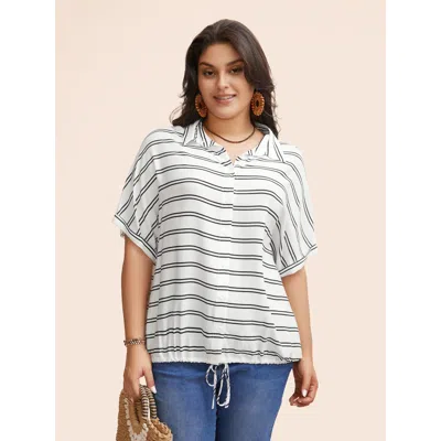 Bloomchic Women's Plus Size Shirt Collar Striped Drawstring Dolman Sleeve Blouse Originalwhite Stripes Vacatio