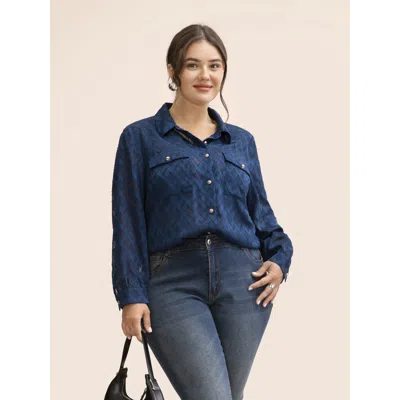 Bloomchic Women's Plus Size Shirt Collar Textured Mesh Flap Detail Blouse Indigo Office Long Sleeve 12/l In Purple