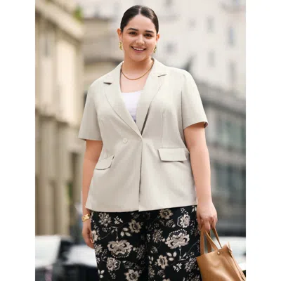 Bloomchic Women's Plus Size Short Sleeve Pockets Solid Blazer Apricot Button Sleeve Short Sleeve 12/l In Orange