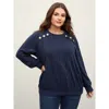 Bloomchic Women's Plus Size Shoulder Button Textured Solid Sweatshirt Navy Plain Office 22-24/3x In Blue