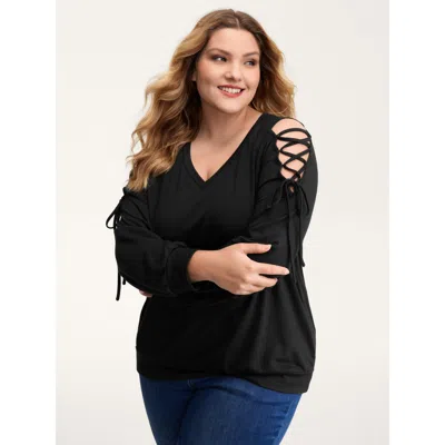 Bloomchic Women's Plus Size Shoulder Crosstie Design V-neck Sweatshirt Black Casual 10/m