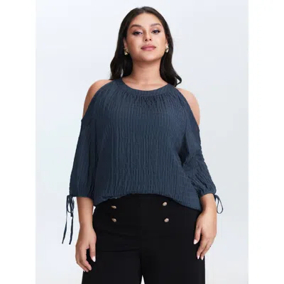 Bloomchic Women's Plus Size Shoulder Cut-out Textured Back-tie Blouse Darkblue Solid Elegant 3/4 Sleeve Round  In Blue