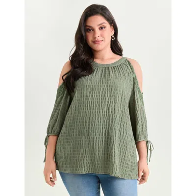 Bloomchic Women's Plus Size Shoulder Cut-out Textured Back-tie Blouse Greenbean Solid Elegant 3/4 Sleeve Round