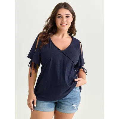 Bloomchic Women's Plus Size Shoulder Cut-out Ties V-neck T-shirt Darkblue Solid Casual Short Sleeve Deep V-nec In Blue