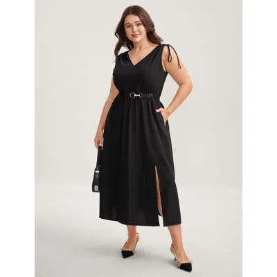 Bloomchic Women's Plus Size Shoulder Drawstring Slit Solid Midi Dress Black Non Maxi Office 30/6x