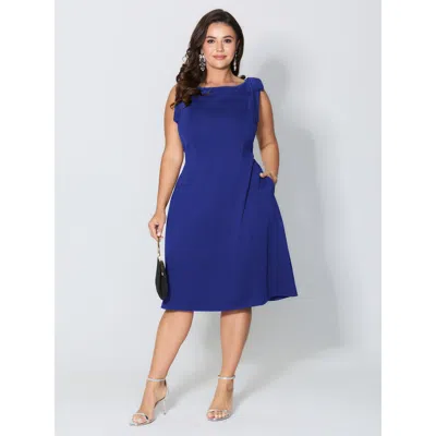 Bloomchic Women's Plus Size Shoulder Tie Sculpting Bodice Mini Dress Navy Solid Midi Party Bowknot 10/m In Blue