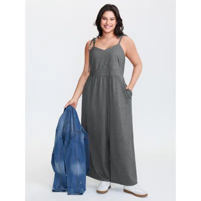 Bloomchic Women's Plus Size Shoulder-tie Stretchy Beaded Neckline Jumpsuit Dimgray Casual 12/l