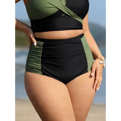Bloomchic Women's Plus Size Shrink Pleated High-waisted Contrast Swim Bottoms Armygreen Geometric Short Gather