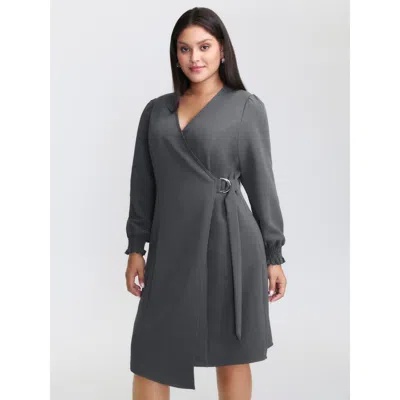 Bloomchic Women's Plus Size Side Buckle Cinched-waist Faux Wrap Midi Dress Dimgray Non Knee Office Overlapping