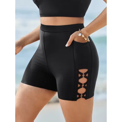 Bloomchic Women's Plus Size Side Cut-out Detail Pockets Swim Shorts Black Non Short Cut-out Fully Elasticated 