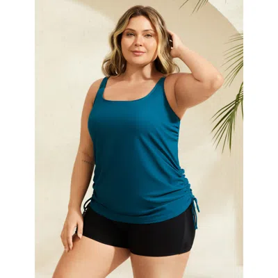 Bloomchic Women's Plus Size Side Drawstrings Plain Swim Top Cyan Solid Sleeveless Ruched Bust Support 30/6x In Blue