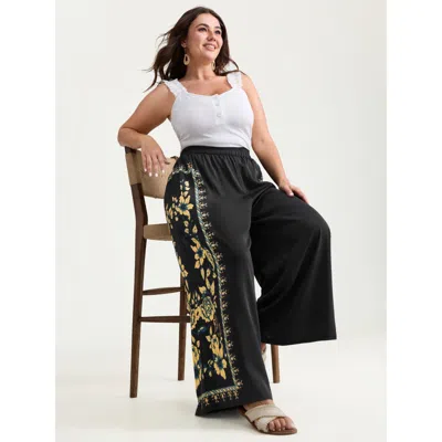 Bloomchic Women's Plus Size Side Floral Print Wide-leg Pants Pureblack Floral Wide Leg High Rise Vacation 10/m