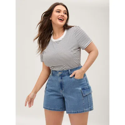 Bloomchic Women's Plus Size Side Pockets Wide-leg Denim Shorts Midblue Pocket Mid Rise High Stretch Casual 10/