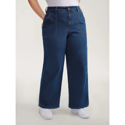 Bloomchic Women's Plus Size Side Pockets Wide-leg Jeans Denimindigo Pocket Wide Leg Medium Stretch 10/m