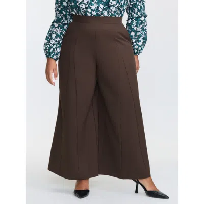 Bloomchic Women's Plus Size Side Seam Pockets Stretchy Waist Wide-leg Pants Darkbrown Non A-line High Rise Ele In Brown