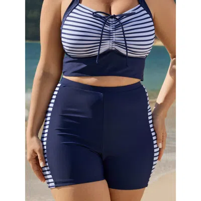 Bloomchic Women's Plus Size Side Striped Print Pockets Swim Shorts Navy Stripes Short Colorblock Fully Elastic In Blue