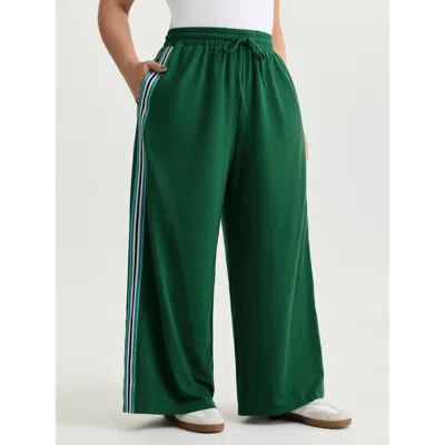 Bloomchic Women's Plus Size Side Striped Stretchy Waist Track Pants Truegreen Solid Wide Leg Mid Rise Casual 1