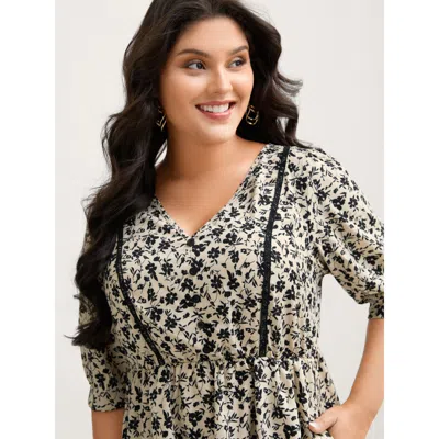 Bloomchic Women's Plus Size Silhouette Floral Cinched-waist Midi Dress Tan Ditsy Floral Knee Elegant Woven Rib In Brown