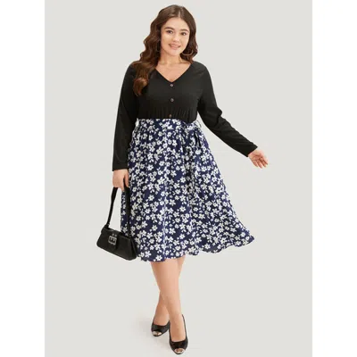 Bloomchic Women's Plus Size Silhouette Floral Print Belted Button Detail Dress Navy Office Printed 12/l In Blue
