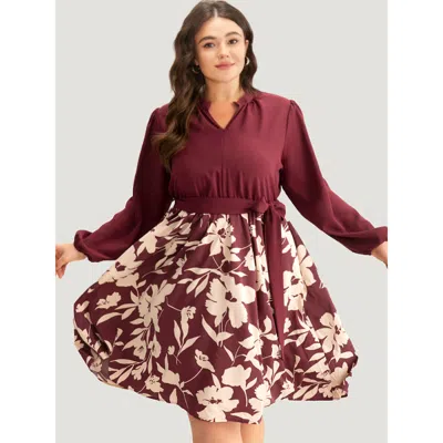 Bloomchic Women's Plus Size Silhouette Floral Print Belted Pleated Dress Scarlet Office Elastic Cuffs 28/5x In Red