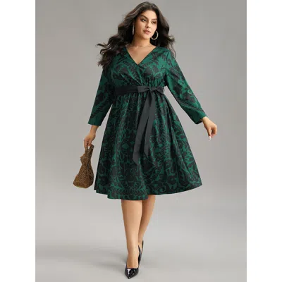Bloomchic Women's Plus Size Silhouette Floral Print Belted Wrap Dress Cyan Everyday Wrap / Overlap 30/6x In Blue
