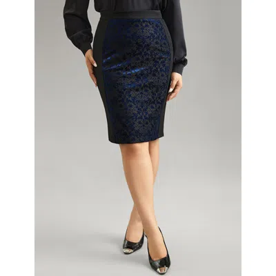 Bloomchic Women's Plus Size Silhouette Floral Print Contrast Flocking Skirt Black Velvet Everyday 10/m