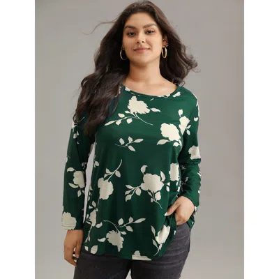 Bloomchic Women's Plus Size Silhouette Floral Print Crew Neck T-shirt Darkgreen Dailywear Long Sleeve 14-16/1x In Green