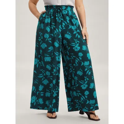 Bloomchic Women's Plus Size Silhouette Floral Print Drawstring Wide-leg Pants Mediumblue Floral Wide Leg Mid R