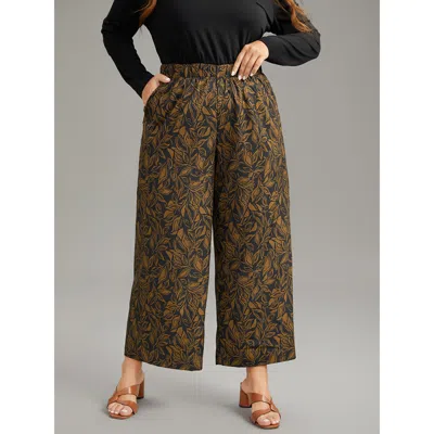 Bloomchic Women's Plus Size Silhouette Floral Print Elastic Waist Wide Leg Pants Black High Rise Dailywear 10/