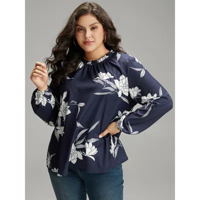 Bloomchic Women's Plus Size Silhouette Floral Print Frill Trim Pleated Blouse Indigo Dailywear Long Sleeve 10/ In Purple